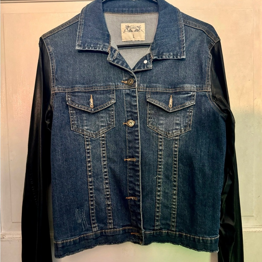 Women’s Denim Jacket with Faux Leather Sleeves